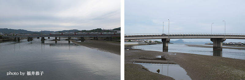 川上の鉄道橋、河口側の新連帆橋