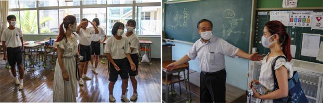 麻里布中学校での取材の様子