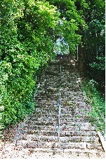 集落の神社の急で長い参道の写真です。